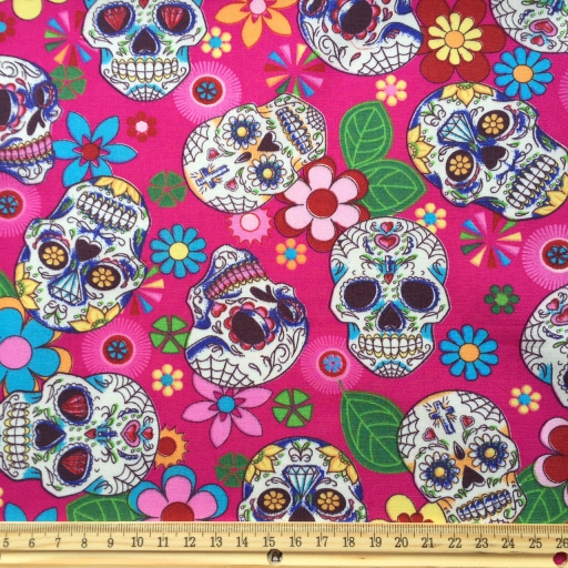 Pink Sugar Skull Cotton Poplin Fabric | LoveFabric.ie